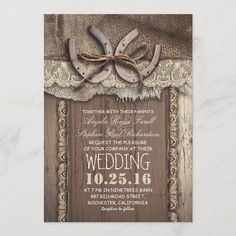 the rustic country wedding card features an old - fashioned wooden frame, lace and burlock