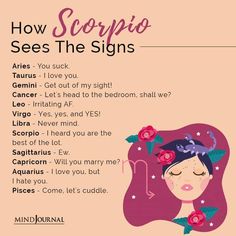 a pink poster with the words how scorpion sees the signs