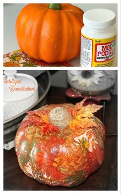 an orange pumpkin sitting on top of a table next to a jar of food coloring