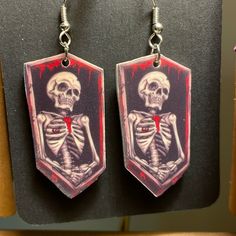 Smaller Size, Brand New, White Back Skeleton In Coffin, Coffin Acrylics, Halloween Color, Earrings Halloween, Halloween Coloring, Acrylic Earrings, Skeleton, Color White, Jewelry Earrings