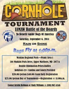 an advertisement for the cornhole tournament in front of a white background with blue and yellow lettering