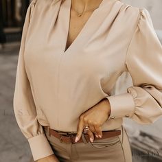 Lasaky - Chic V-neck Pleated Blouse with Long Sleeves, the Must-Have Addition to Your Spring and Fall Wardrobe, Womens Fashion Top Blouse With Long Sleeves, Blouse Elegant, Elegant Fabric, Simple Blouse, Pleated Blouse, Women Formals, Fashion Top, V Neck Blouse, Formal Shirts