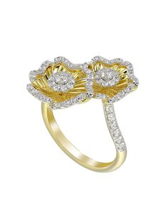 The Halo Flower Yellow Gold Ring features a yellow gold band set with natural diamonds and complete with a duo of yellow gold and natural diamond camellia-inspired flowers. Yellow Gold Diamond Flower Ring, Luxury Yellow Gold Flower Ring With Brilliant Cut, Gold Flower Ring With Diamond Accents, Gold Flower-shaped Diamond Ring With Accents, Luxury Yellow Gold Flower Ring, Luxury Flower Ring With Single Cut Diamonds, Luxury Yellow Gold Flower Diamond Ring, Yellow Gold Flower-shaped Rings With Single Cut Diamonds, Luxury Yellow Gold Flower Ring For Anniversary