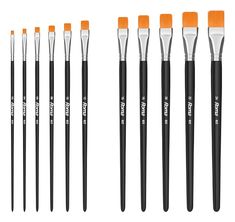 an assortment of paint brushes with orange tips