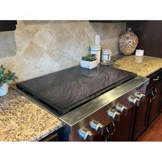 a stove top oven sitting on top of a counter next to a potted plant