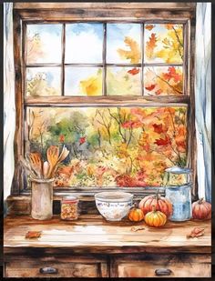 a watercolor painting of an autumn window sill