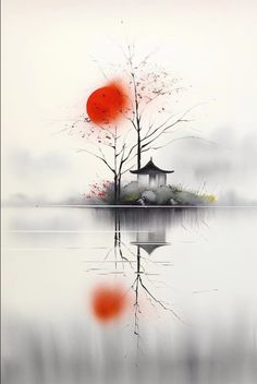 a painting of a house on an island in the middle of water with red leaves