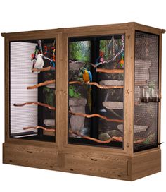 a bird cage with two birds in it