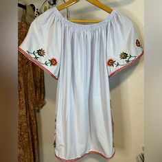 Zara Off The Shoulder Floral Embroidered Cotton Dress/Tunic Size Small P2p- 20” Length- 30” 100% Cotton Main Color Is A Very Pale Blue/Purple Color Great Condition Floral Embroidery Thanks For Checking Out My Closet! Smoke Free/Pet Friendly Home I’m Not A Pro Seller-Just Cleaning Out My Closets. I Ship Fast & Care About What I Send Out. Clothing Comes From My Closet Or My Daughter’s. Mostly Unworn. Flaws I Find Will Be Noted. I Will Reposh If Purchases Don’t Work For Me, But I Don’t Thrift To Fl Peasant Style Embroidered Tunic Dress For Spring, Traditional Summer Dress With Embroidered Sleeves, Spring Folk Embroidered Dress With Embroidered Sleeves, Folk Style Embroidered Dress For Spring, Folk Style Embroidered Dress With Embroidered Sleeves For Spring, Spring Tunic Dress With Embroidered Border, Embroidered Peasant Tunic Dress, Peasant Style Embroidered Tunic Dress, Cotton Tunic Dress With Floral Embroidery