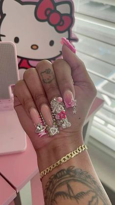 Hello Kitty Freestyle Nails, Pink Junk Nails, Hello Kitty Nail Designs, Hello Kitty Acrylic Nails, Pink Duck Nails, Junk Nails, Acrylic Toe Nails