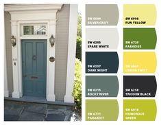 the front door is painted in shades of gray, green, and yellow with white trim