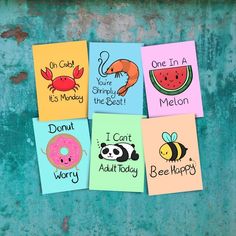 four post - it notes with animals and words on them