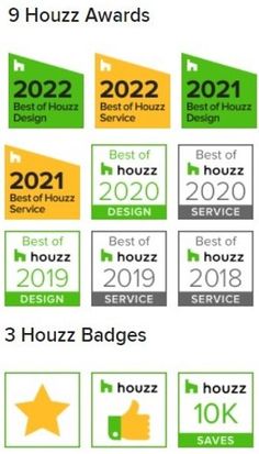 the award badges for best of houzz awards are shown in green and yellow