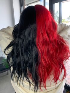 Split Dye Hair Ideas, Half Colored Hair, Dye Hair Ideas, Wolf Cut Hairstyle, Split Dye Hair, Red Purple Hair, White Ombre Hair, Exotic Hair Color