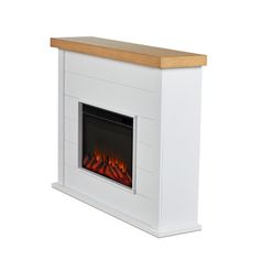 a white fireplace with a wooden mantle and fire burning in it's side panel