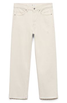 Cast in a crisp off-white wash, these nonstretch jeans are effortlessly cool with a mid-rise waist, slim-cut straight legs and raw-cropped hems. Zip fly with button closure Five-pocket style 100% cotton Machine wash, line dry Imported White Cropped Jeans With Five Pockets And Straight Hem, Spring Neutral Straight Leg Jeans, Beige Straight Leg Jeans With Frayed Hem, Spring Straight Leg Neutral Jeans, Casual Cream Cropped Jeans, Casual Neutral Jeans With Five Pockets, Casual Cream Cropped Leg Jeans, Summer Cream Jeans With Five Pockets, Casual Off White Straight Leg Jeans