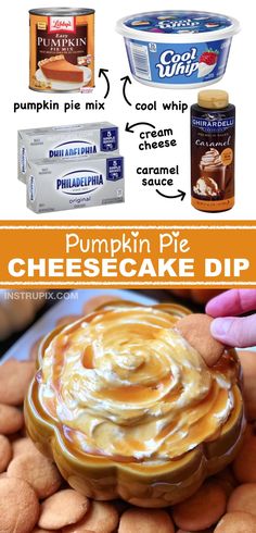 pumpkin pie cheesecake dip recipe with instructions for making it in an ice cream container