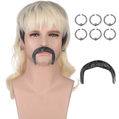 PRICES MAY VARY. WIG TYPE: Special design for Exotic Tiger Joe Costumes, perfect for your Halloween Party, Cosplay WHAT YOU'LL GET: 1* Joe wig + 6 Earrings + 1 Mustache + 1 Wig Cap ADJUSTABLE WIG CAP: Made by breathable wig cap which is 20-22 Inch circumference and comes with 2 Adjustable straps and 8 hooks, you can easy to adjust it according to your head UPGRADED SAFE MATERIAL: We've taken high quality synthetic hair on our wigs, which is environment-friendly and non-toxic materials, it will p Joe Exotic Costume, Blonde Cosplay Wig, 80s Rocker, Mullet Wig, King Costume, Joe Exotic, Wavy Wigs, Mens Wigs, Tiger King