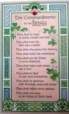 the ten commandments for the irish people, with shamrocks and clover leaves on it