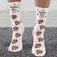 These crazy Christmas socks are perfect for a party this holiday season. Let the festivities begin! With more color and cheer than ever before, your feet will be ready to rock any holiday occasion. Show your festive side and give the gift of fun socks!They are perfect for any couple or can be great gifts for your wife, husband, girlfriend or boyfriend. You can get these socks for your parents too.They're not only super unique for Christmas Eve, but also one of a kind anniversary or Valentine's gift.!MESSAGE: Together since... PRODUCT DETAILS: Material: 90% polyester and 10% spandex. Measures: 3.5 x 17.7 inches (9 x 45 cm). Superior Mid-calf height. Fun Christmas Gift Socks, Customizable White Socks For Gift, Customizable White Socks For Gifts, Customizable White Socks As Gift, Novelty Christmas Gift Socks, Fun Red Socks For Gifts, Personalized White Socks Gift, Novelty White Socks For Stocking Stuffers, Fun White Socks As Gift