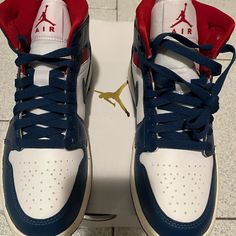 These Are An Awesome Pair Of Jordan’s You Won’t Find Sold Out If You Do They Won’t Be As Cheap As These Brand New Blue Red White Jordan Mids Match Everything Wear Them To Any Occasion Perfect For Any Collector Or Jordan Lover Even Better If They Match Your Favorite Sports Teams Or College Colors The Iconic Jordan Symbol On The Tongue Of Each Shoe As Well As The Box These Are One Sharp Pair Or Jordan’s Unisex Can Be Women By Anyone Women Men Boys Girls He She’s They Anyone Jordan Symbol, Jordan Mids, College Colors, Black Basketball Shoes, Jordan Ones, Yellow Sneakers, Blue Jordans, White Jordans, Jordan 4s