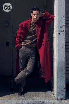 Red Coat Outfit, Celebrity Magazines, Rami Malek, Red Trench Coat, Men Stylish Dress, Red Coat, Coat Outfits, Red Outfit