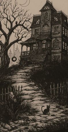 a black and white drawing of a house on a hill with a cat in the foreground