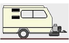 an image of a small camper trailer parked on the side of the road with its door open