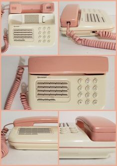 an old fashioned phone is shown in four different pictures