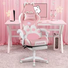 a pink and white desk chair with hello kitty on it