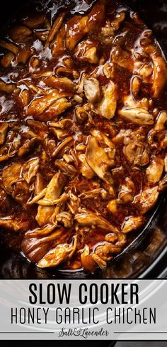 slow cooker honey garlic chicken in a crock pot with text overlay that reads slow cooker honey garlic chicken