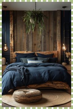 a bed with blue sheets and pillows in front of a wooden headboard that has plants hanging from it