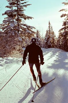 a man riding skis down the side of a snow covered slope next to trees