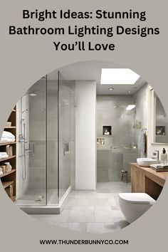 a bathroom with a toilet, sink and bathtub in it that has the words bright ideas stunning bathroom lighting designs you'll love