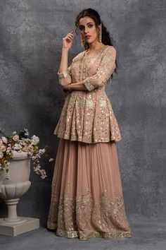 Shop for Shian Peach Georgette Dori Embroidered Peplum And Sharara Set for Women Online at Aza Fashions Latest Indian Outfits, Embroidered Sharara, Motif Embroidery, Sharara Gharara, Leather Embroidery, Traditional Indian Outfits, Desi Clothes, Sharara Set, Traditional Indian