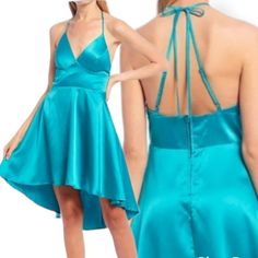 B. Darlintie-Neck Satin High-Low Dress, Size 3, Color: Reef Teal, Nwt Deep V-Neckline, Spaghetti Straps Partial Zip-Back Closure Strappy Tie-Back Inset Waist High-Low Hem Satin Fabrication Polyester/Spandex Formal V-neck Halter Dress For Spring, Formal Spring V-neck Halter Dress, Formal V-neck Mini Dress With Tie Back, Party V-neck Mini Dress With Bow Tie Back, Turquoise V-neck Mini Dress For Summer, High Low Hem, Polyester Spandex, High & Low, High Low Dress