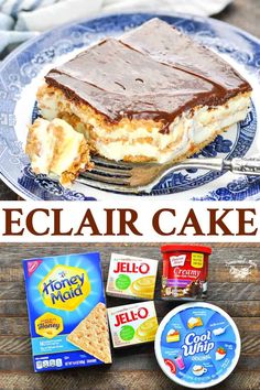 a piece of cake on a blue and white plate next to some crackers, yogurt, and other snacks