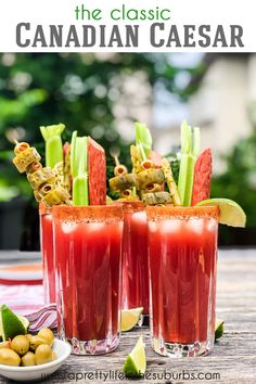 The Classic Canadian Caesar is one of Canada's most loved drinks!  Made with Clamato juice, hot sauce, Worcestershire sauce and a blend of delicious spices. The Caesar is like a meal when it's garnished with celery sticks, pepperoni sticks, pickles and a wedge of lime!  So good. Canadian Drinks, Caesar Drink, Caesar Cocktail, Caesar Recipe, Pepperoni Sticks, Canadian Dishes, Pickled Asparagus, Celery Sticks, Healty Dinner