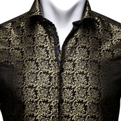 This is the perfect shirt for any man who wants to look stylish and sophisticated. The ornamental print is elegant and timeless, and the shirt fits comfortably and looks great on anyone. Whether you're dressing up for a special event or just want to feel your best, this is the shirt for you. Handmade 100% Silk Paisley Dry Clean Only - 30-DAY MONEY-BACK GUARANTEE - Try it! If you don't love it, send it back. We offer free shipping on returns and exchanges. Take your time! You've got 30 days to de Classic Patterned Formal Shirt, Classic Patterned Business Shirt, Elegant Formal Patterned Shirt, Elegant Patterned Formal Shirt, Patterned Long Sleeve Shirt For Semi-formal Occasions, Luxury Formal Baroque Print Tops, Elegant Gold Formal Tops, Formal Long Sleeve Patterned Shirt, Elegant Gold Tops For Formal Occasions