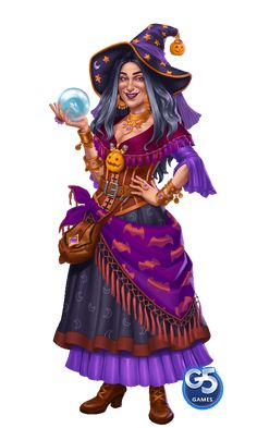 a woman dressed as a witch holding a crystal ball and wearing a purple dress with orange trim