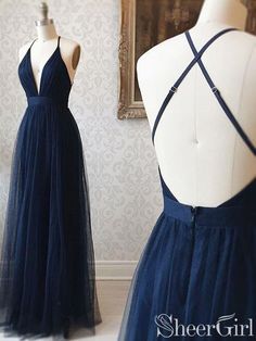 Simple Prussian V-neck Bridesmaid Dresses Backless Tulle Evening Dress ARD2398-SheerGirl Prom Dresses Dark, Navy Blue Formal Dress, Navy Blue Prom Dress, Navy Prom Dresses, Navy Blue Prom Dresses, Halter Prom Dresses, Backless Evening Dress, Satin Homecoming Dress, Simple Prom Dress