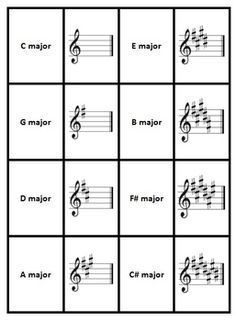 musical instruments arranged in squares with music notes and trebles on the top one