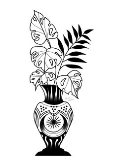 a black and white drawing of a vase with flowers in it