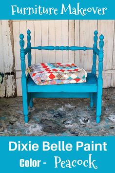 Photo of a painted twin headboard bench. The paint is Dixie Belle in a stunning blue shade and then the paint is lightly distressed. Flea Market Furniture, Turquoise Painted Furniture, Vintage Market Booth, Painted Headboard, Painted China Cabinets, Clorox Wipes, Headboard Bench, Color Peacock