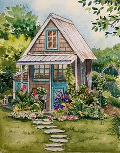 a watercolor painting of a small house with flowers and steps leading up to it