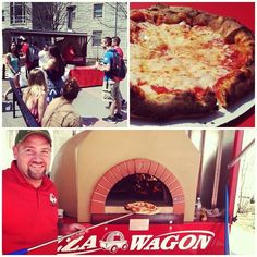 a man standing in front of a pizza oven with people looking at it and smiling