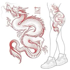 a drawing of a woman with tattoos and a dragon tattoo on her leg, standing next to a pair of shoes