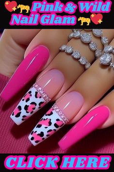 Unleash your inner fashionista with this bold pink and leopard nail design! Click to see more creative nail art ideas and tutorials on my website.nailart,nails,naildesigns,nailinspo,manicure,beauty,fashion,style,gelnails ,acrylic nails,nailartdesigns,geometricnails,floralnails,frenchmanicure,ombrénails ,marblenails,summernails,winternails,holidaynails,weddingnails,valentinesnails ,rednails,pinknails,bluenails,nudenails,blacknails,springnails Pink Leopard Print Nails Acrylic, Pink Animal Print Nail Designs, Pink Black White Leopard Nails, Neon Pink Leopard Nails, Bright Pink Leopard Print Nails, Acrylic Nail Designs Coffin, Pop Art Nails, Art Deco Nails, Chrome Nails Designs