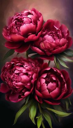 three red peonies with green leaves on a black and purple background by an artist