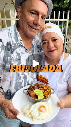 a man and woman holding a plate of food with the words frioladada on it